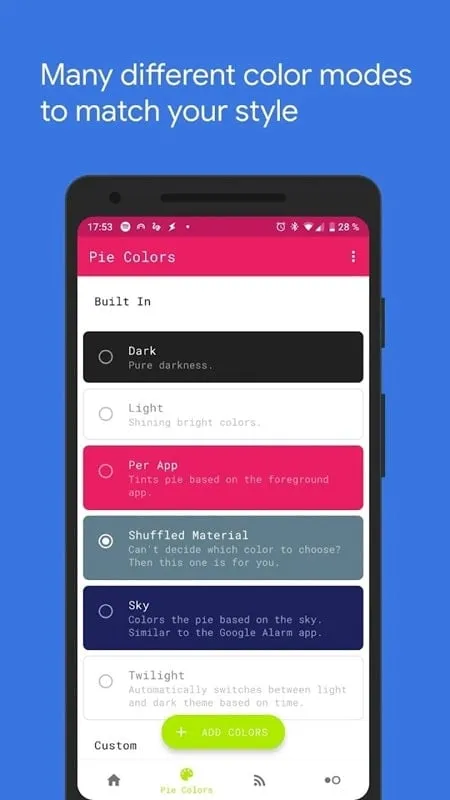 Pie Controls Gestures interface displaying customization options