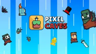 Pixelated character exploring a cave filled with monsters and gold coins in Pixel Caves.