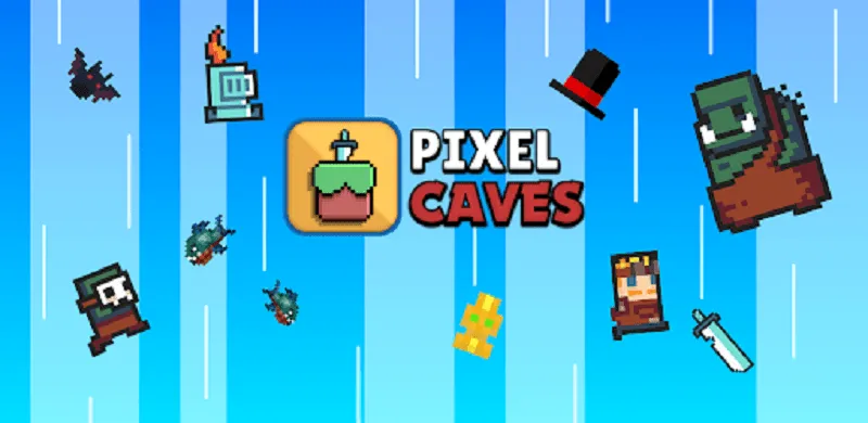 Pixelated character exploring a cave filled with monsters and gold coins in Pixel Caves.