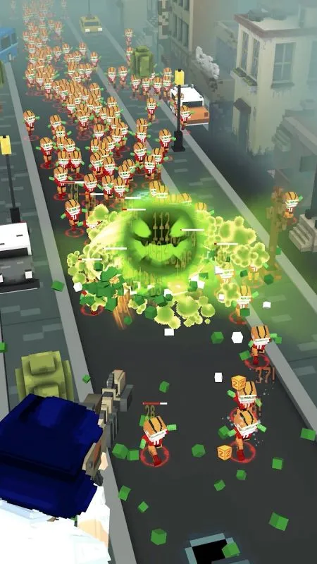 Karakter menembak musuh di Pixel City War: Fly Shooter.