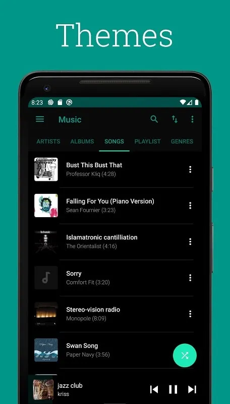 Interfaz del mod de Pixel+ Music Player que muestra las funciones premium