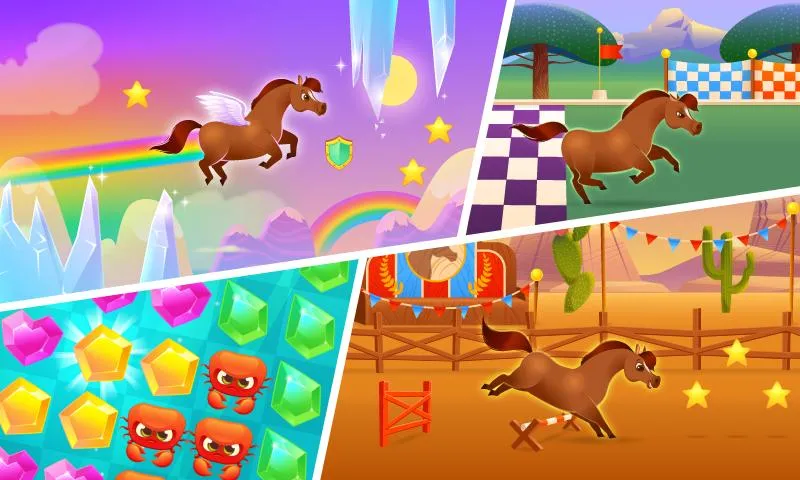 Screenshot do jogo Pixie the Pony mostrando o pônei pulando obstáculos em um minijogo.