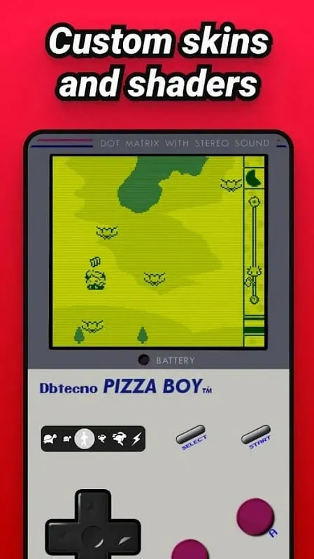 Tampilan Pizza Boy GBC Pro dengan skin kustom