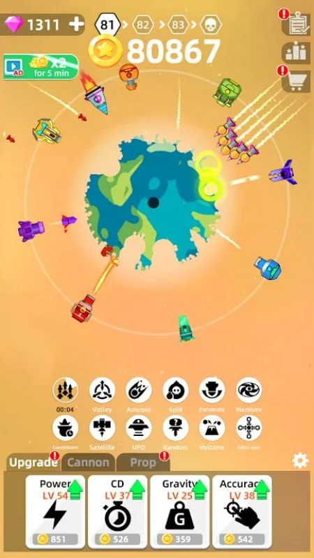 Various planets in Planet Smash with different colors and protective layers.