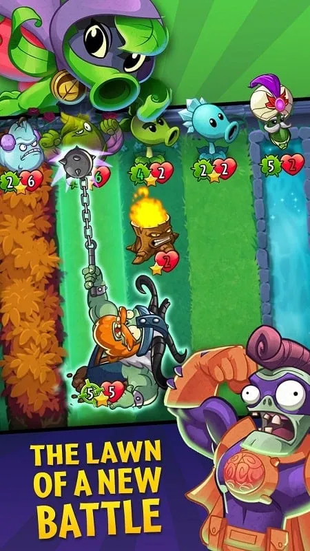 Screenshot of Plants vs. Zombies Heroes gameplay showcasing the unlimited sun feature of the MOD APK.