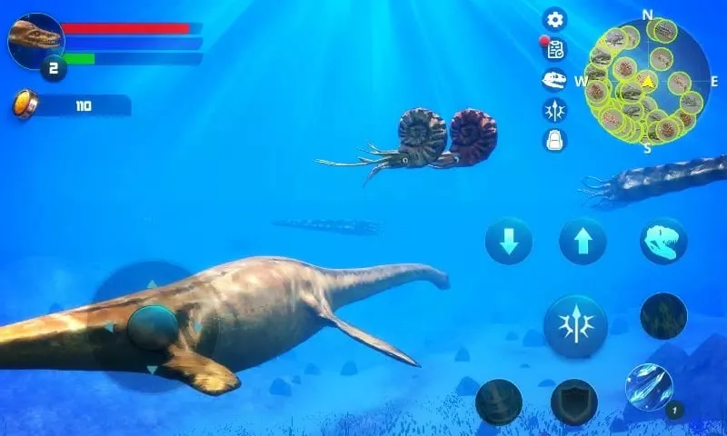 Plesiosaurus swimming in the deep ocean.