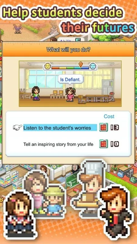 Screenshot of the counseling room in Pocket Academy 3 with student interaction.