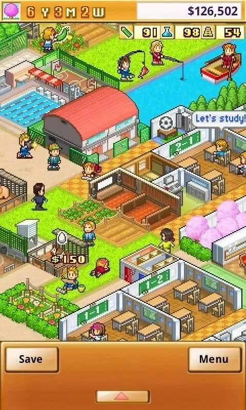 A screenshot of the Pocket Academy game interface showing various buildings and facilities.