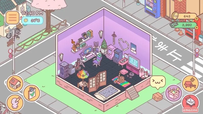 Pocket Love game interface showcasing the living room with furniture and a pet.