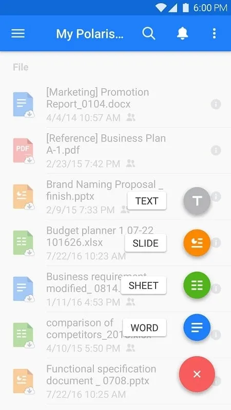 Interface do Polaris Office mod mostrando recursos premium