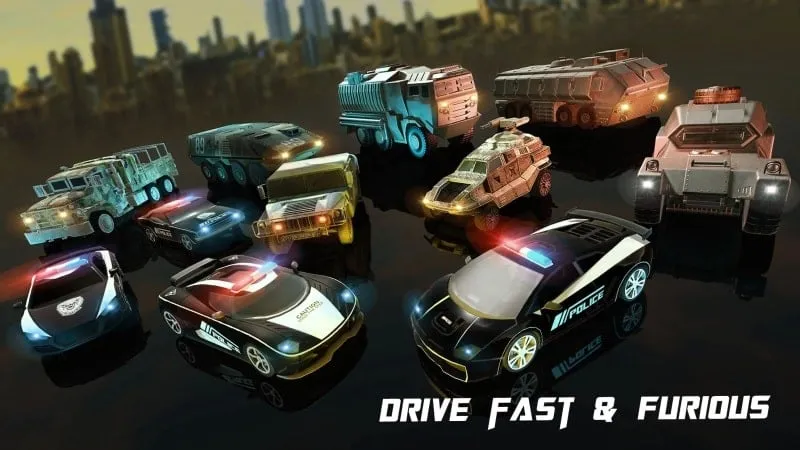 Ảnh chụp màn hình menu trong trò chơi Police Car Chase: Smashing Cop MOD APK giới thiệu các tùy chọn và tùy chỉnh khác nhau dành cho người chơi.