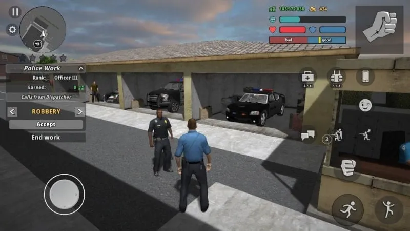 Tangkapan layar yang menampilkan fitur uang tak terbatas di Police Cop Simulator Gang War MOD APK.