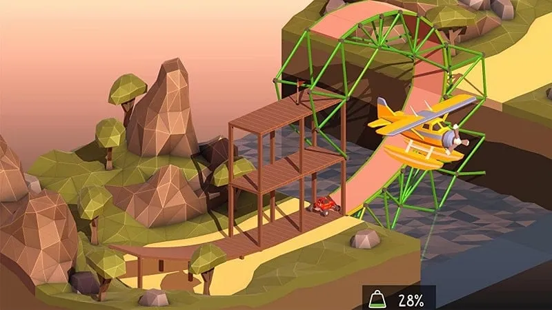 Tangkapan layar gameplay Poly Bridge 2 yang menyoroti mata uang dalam game dan berbagai bahan bangunan yang tersedia untuk dibeli.