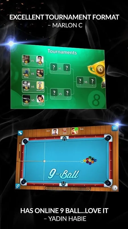 Displaying the gameplay of Pool Live Pro on a mobile device.