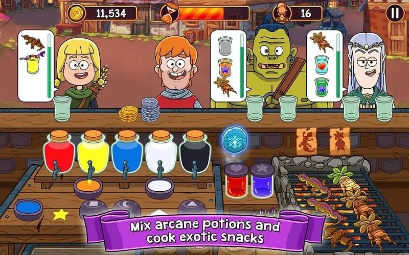 A bustling Potion Punch shop with various customers and upgrades.