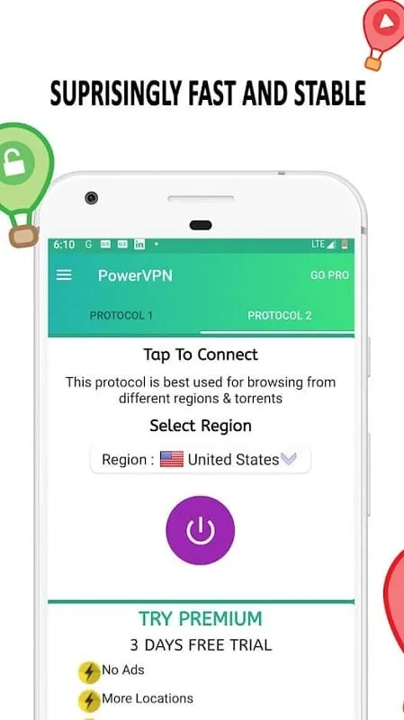 Tampilan antarmuka Power VPN mod dengan fitur premium