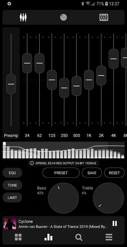 Poweramp showcasing the music equalizer