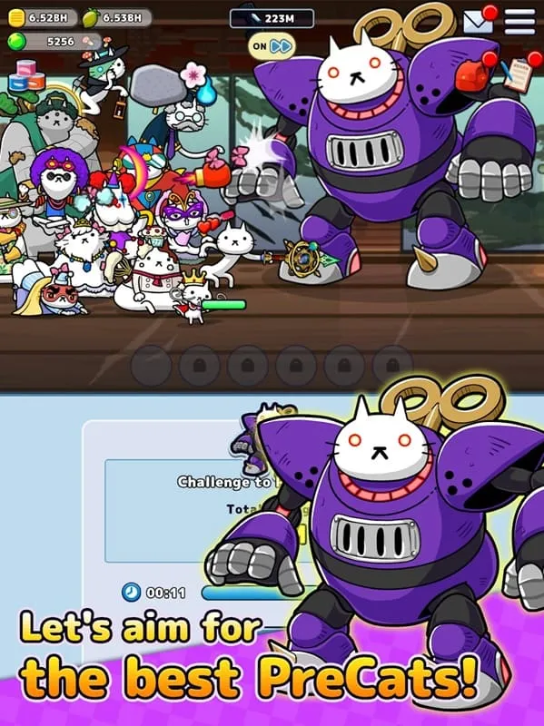 PreCats in-game battle scene showing the extended attack range of the modded characters.
