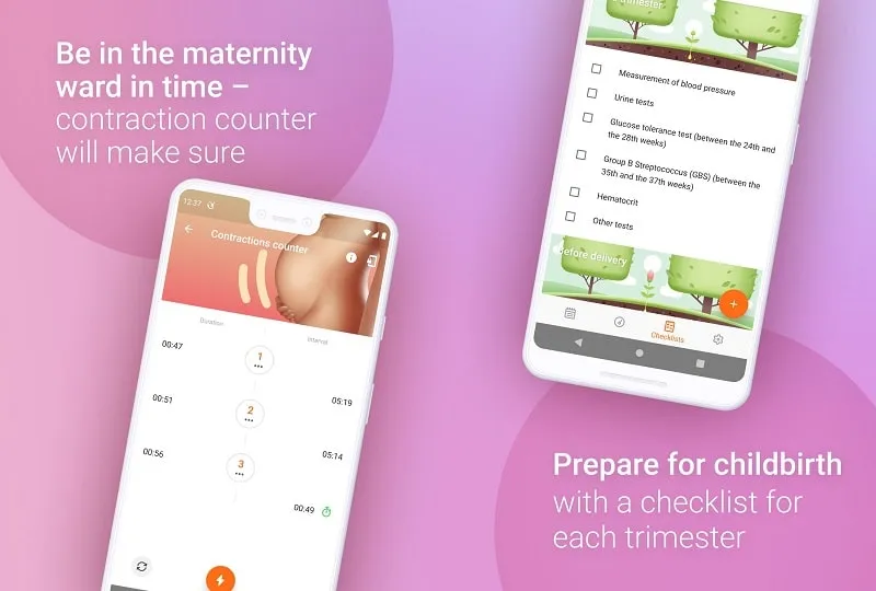 Interface do mod Pregnancy Tracker Week by Week mostrando recursos premium