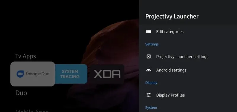 Projectivy Launcher mod displaying parental control settings