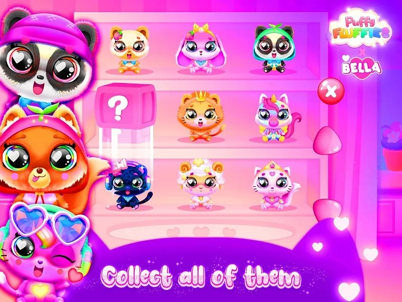 Screenshot dalam game Puffy Fluffies Toy Collector yang menyoroti interaksi mesin capit untuk mengumpulkan boneka mainan.