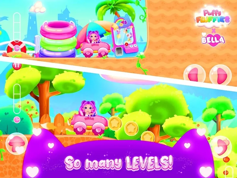 Screenshot dalam game Puffy Fluffies Toy Collector yang menampilkan berbagai macam kendaraan yang dapat dikoleksi