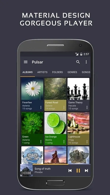 Tampilan antarmuka Pulsar Music Player Pro mod yang menunjukkan fitur premium