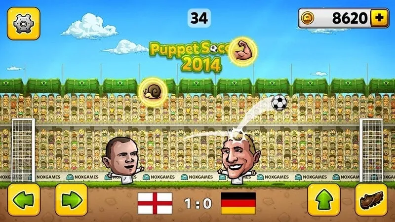 Gameplay Puppet Soccer 2014 yang menunjukkan mode permainan yang berbeda.