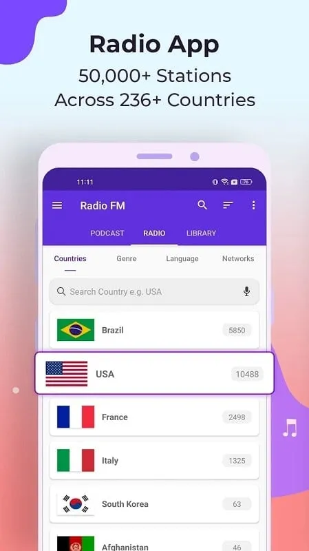 Interface do Radio FM Mod mostrando recursos premium