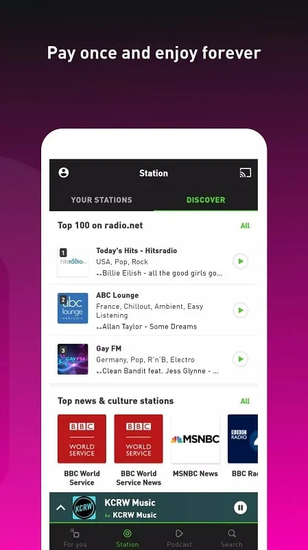 radio.net PRIME mod apk mostrando la lista de estaciones