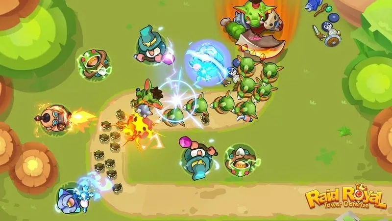Visual representation of various tower types and their strategic placement in Raid Royal to optimize defense against enemy waves.