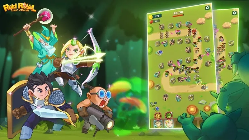 Gameplay screenshot of Raid Royal, showcasing the tower defense mechanics and vibrant graphics.
