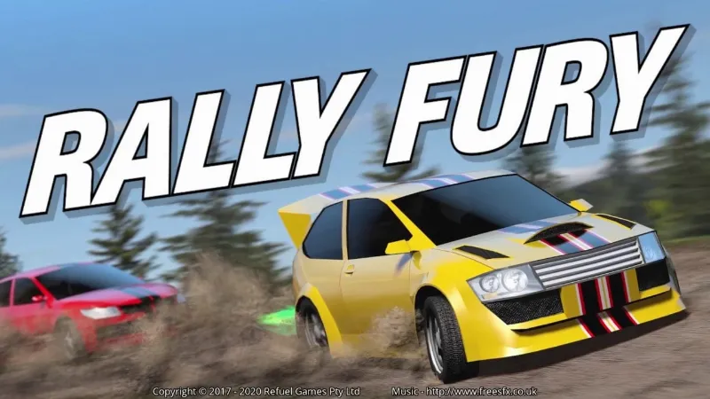 Rally Fury gameplay screenshot showing a race in progress.