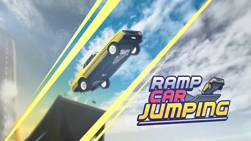 Captura de pantalla del juego Ramp Car Jumping con un auto saltando una rampa.