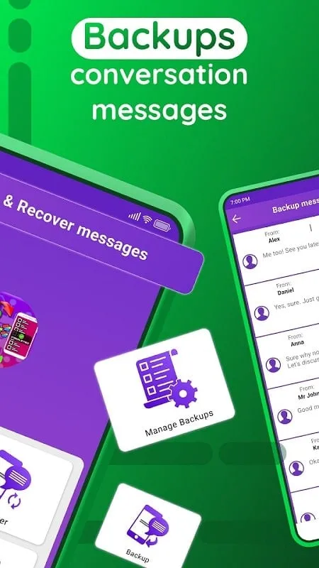 Tampilan antarmuka Recover Deleted Messages mod yang menunjukkan opsi pencadangan dan pemulihan