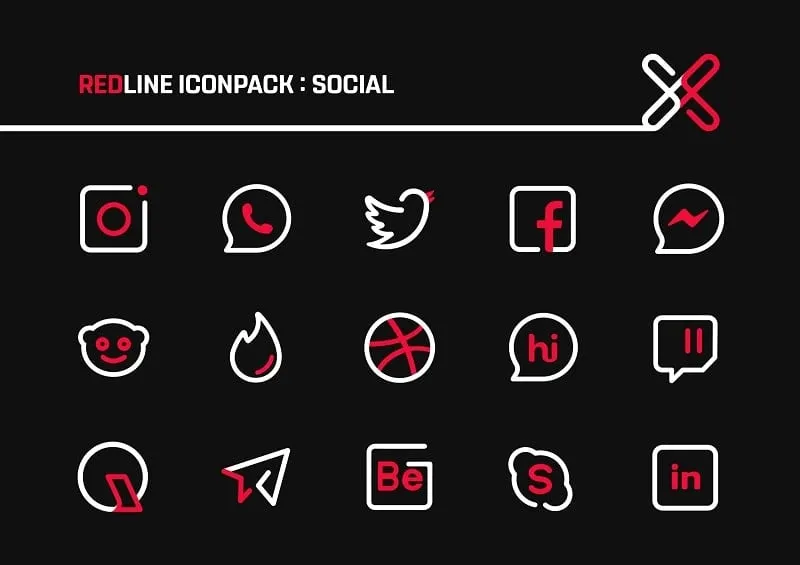 Interface do RedLine Icon Pack Mod mostrando recursos premium