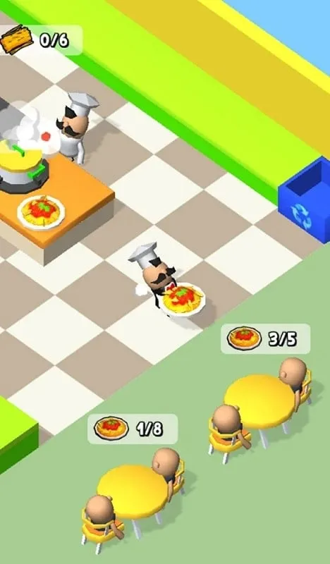 Screenshot da jogabilidade do Restaurant Tycoon mostrando a moeda do jogo e a interface da loja.