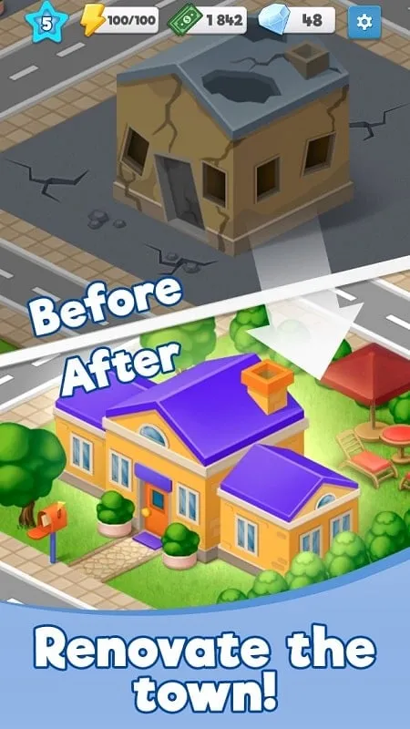 An in-game screenshot highlighting different areas of the town in Riverside Merge.