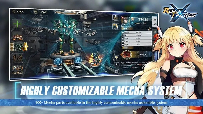 Tangkapan layar menu MOD Robot Tactics X Strategy RPG, menyoroti opsi Mode Dewa dan Kerusakan Tinggi.