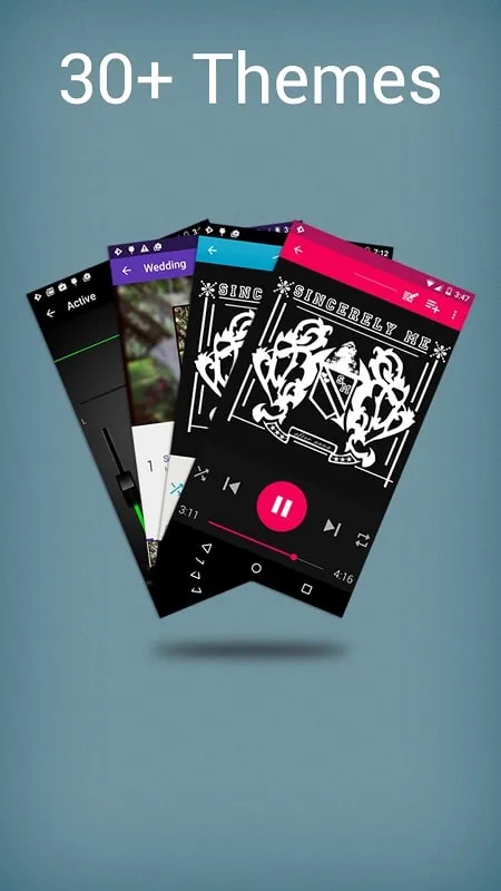 Representasi visual dari tema khusus yang tersedia di Rocket Music Player mod