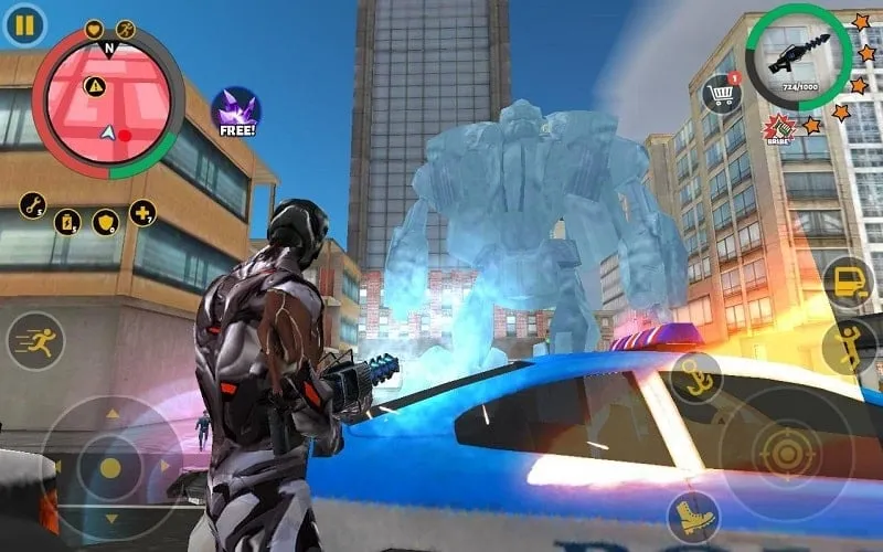 In-game scene of Rope Hero fighting enemies using various weapons and abilities.