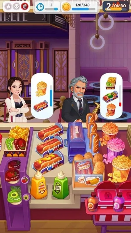 Screenshot displaying a variety of dishes prepared in Royal Cooking, ranging from burgers to desserts.