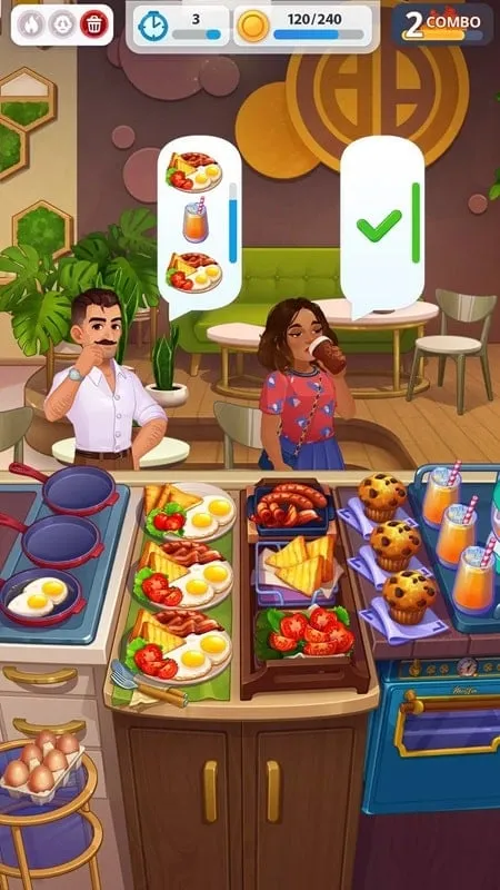 Gameplay screenshot of Royal Cooking showing a customer ordering food at the counter.