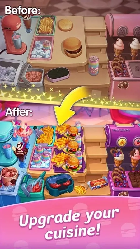 Screenshot of Royal Cooking showcasing the upgraded restaurant interior with new furniture and decorations.