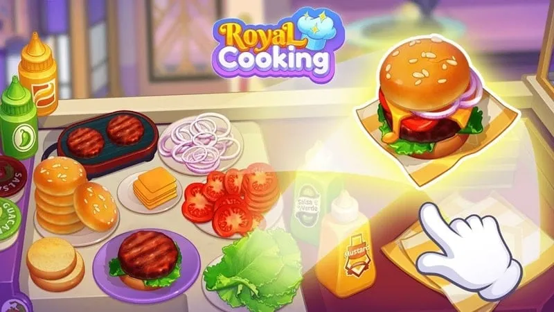 Main screen of Royal Cooking game displaying various cooking stations and food items.