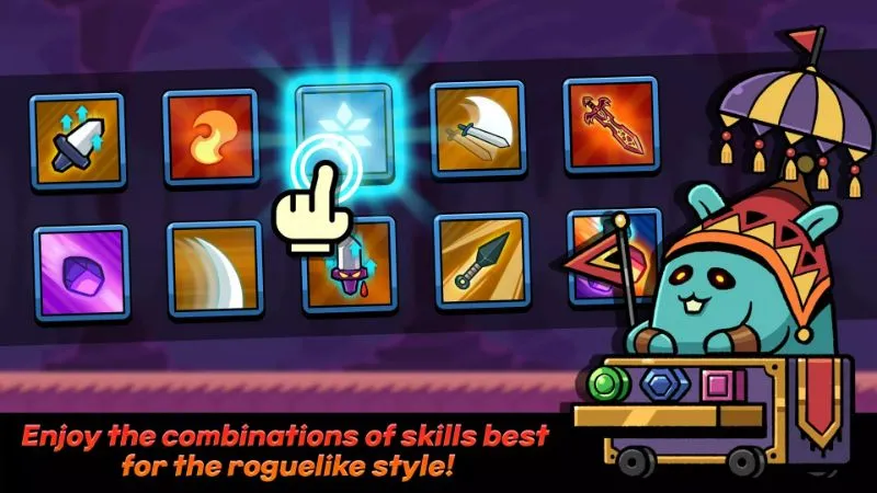 A screenshot displaying various skill cards available in RUN SLASH RUN, ranging from weapon upgrades to magical abilities.