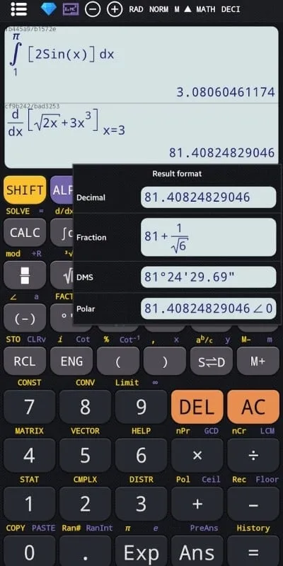 Interface da calculadora científica plus 991 mod mostrando recursos premium