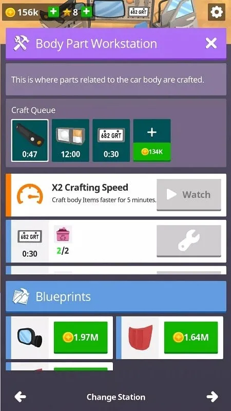 Visão detalhada do menu de atualização no Scrapyard Tycoon com o recurso de dinheiro infinito ativado.