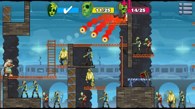 Print do jogo Stupid Zombies 3, mostrando o uso de elementos do ambiente, como barris explosivos, para matar vários zumbis.