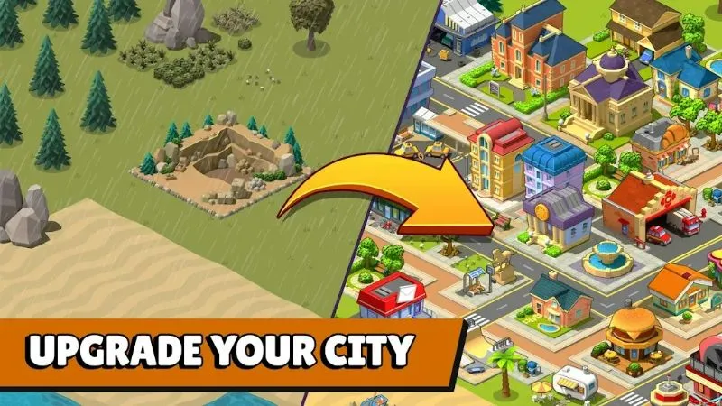 Jogabilidade de Village City mostrando diferentes terrenos. Baixe o APK MOD.